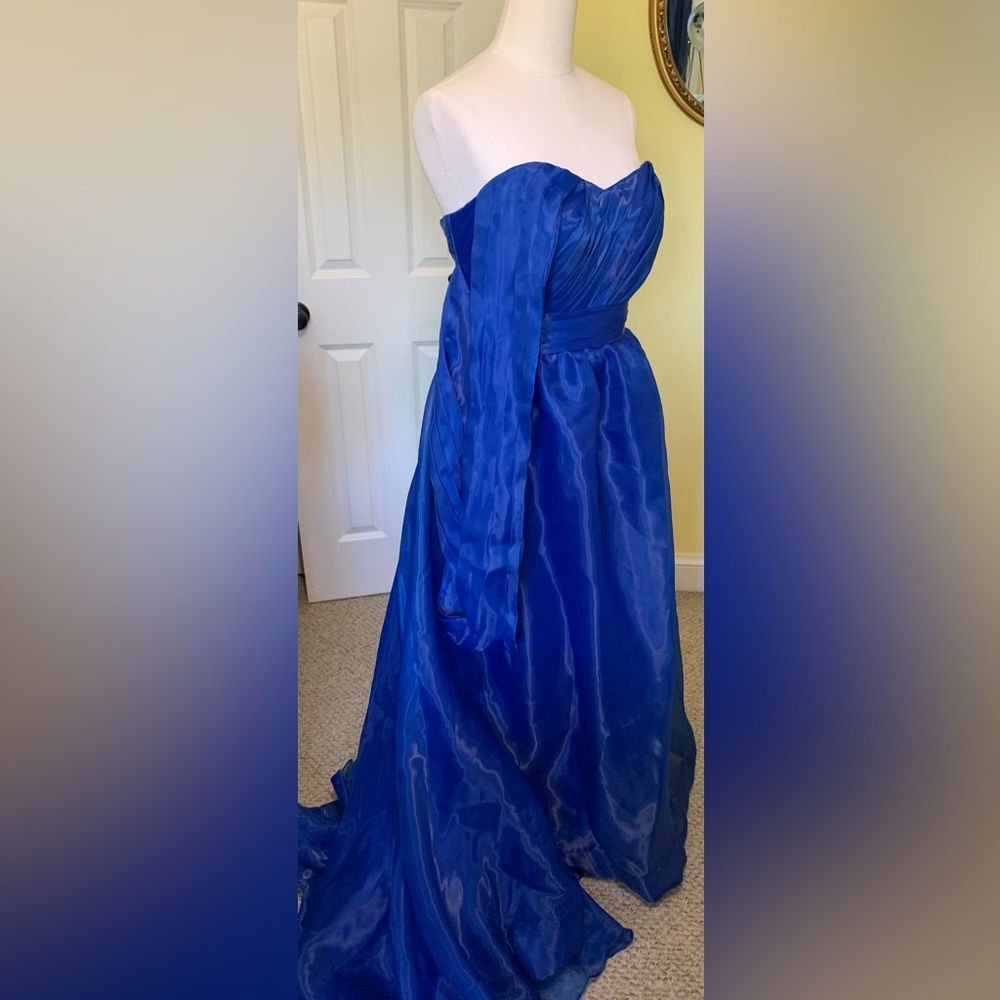 Royal Blue Iridescent Organza Wet Look Shimmer Layers Pleats Gown